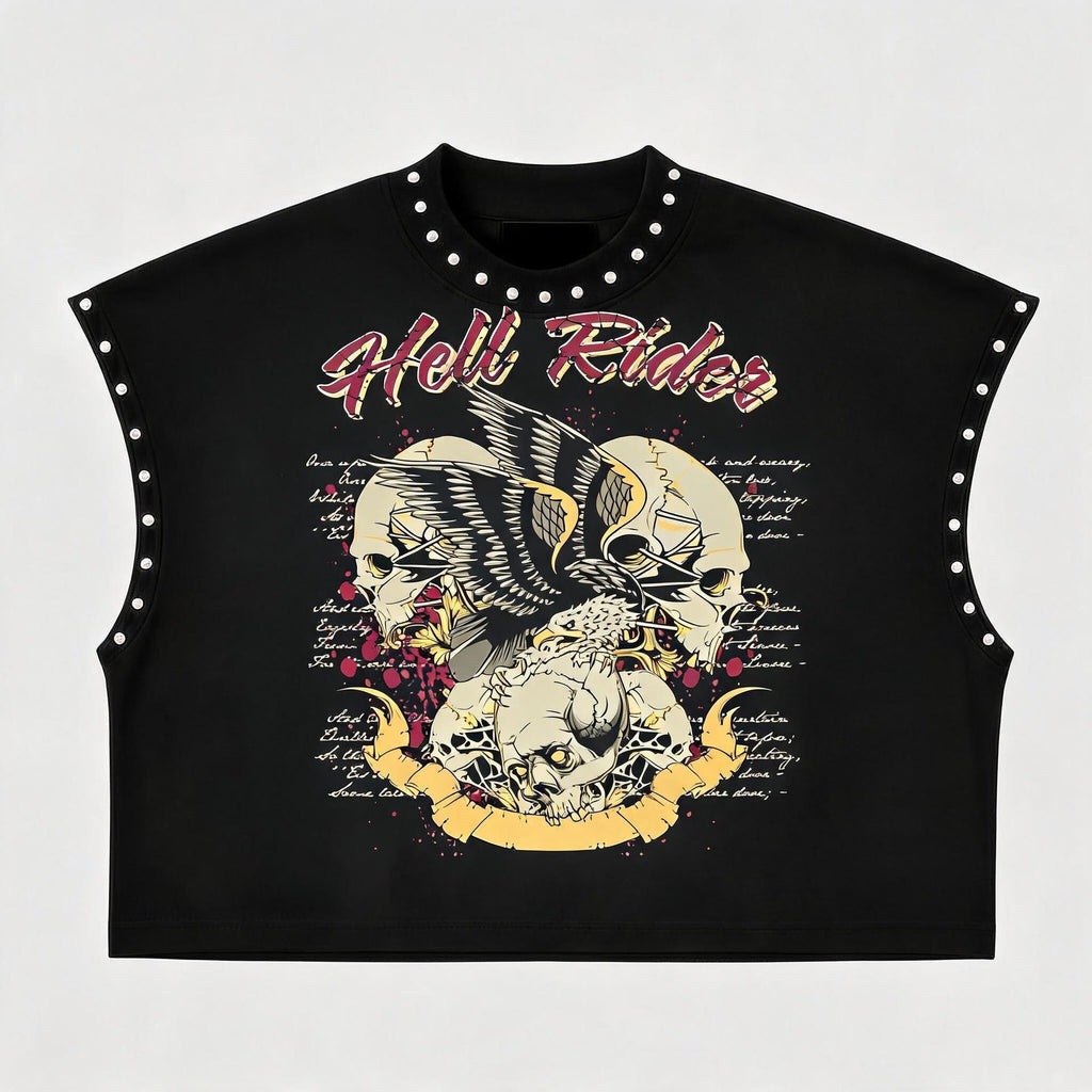 Rivet Decor Graphic Print Crew Neck Sleeveless Crop Tank Top Women