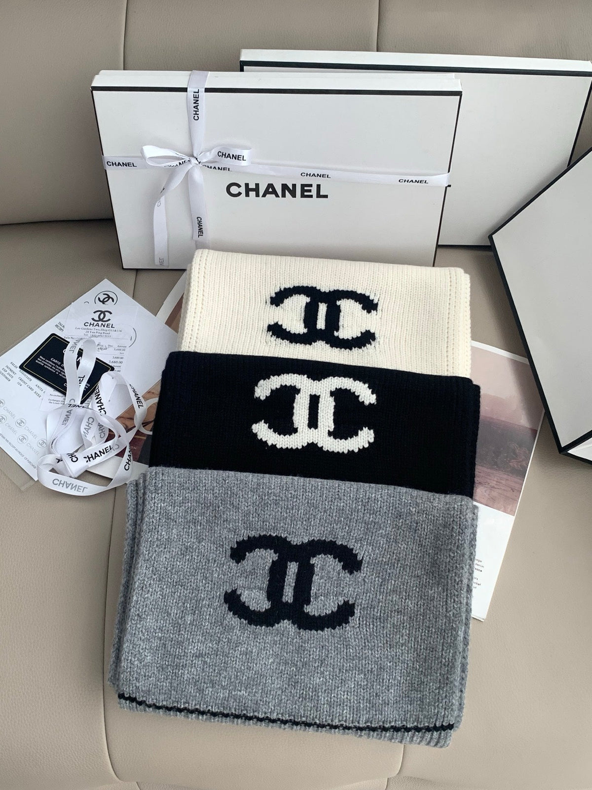 Chanel Style Logo Knit Scarf and Beanie Set
