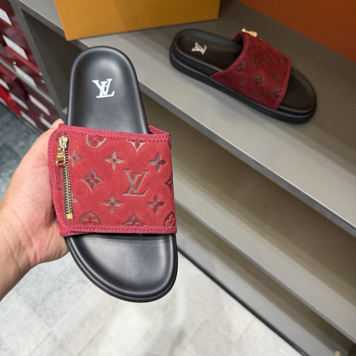 Louis Vuitton Red and Black Zipper Slide Sandals