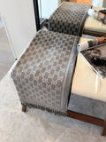 Gucci Brown Beige Jacquard Fringe Scarf