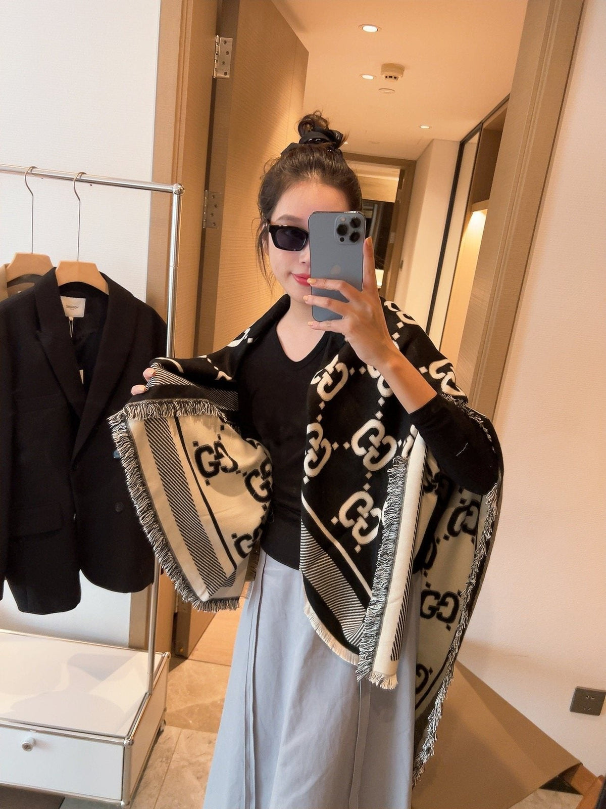 Gucci Black and Ivory Monogram Square Scarf